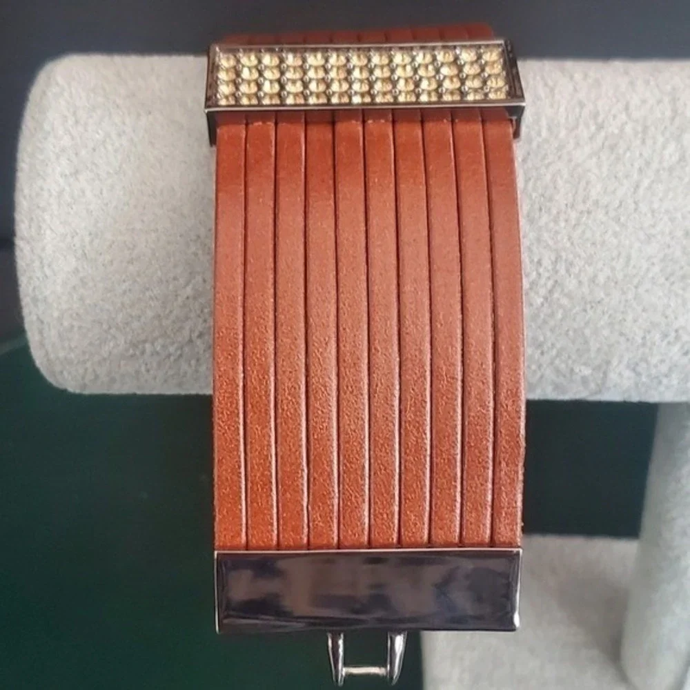 Swarovski Brown Leather Multi-Strand Crystal Cuff Bracelet 5037562 NIB Gift